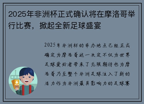 2025年非洲杯正式确认将在摩洛哥举行比赛，掀起全新足球盛宴